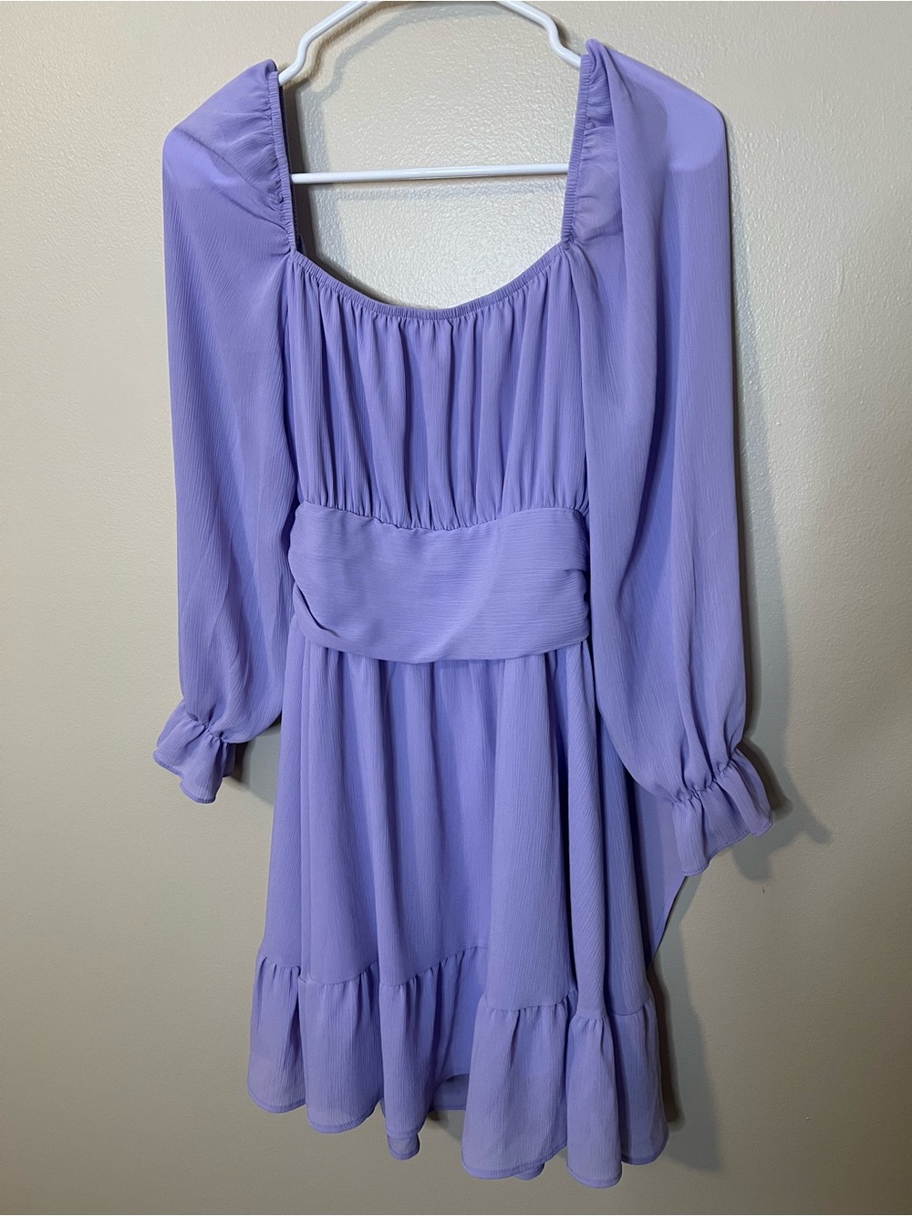Purple Long Sleeve Mini Dress With Square Neckline And Wide Waist